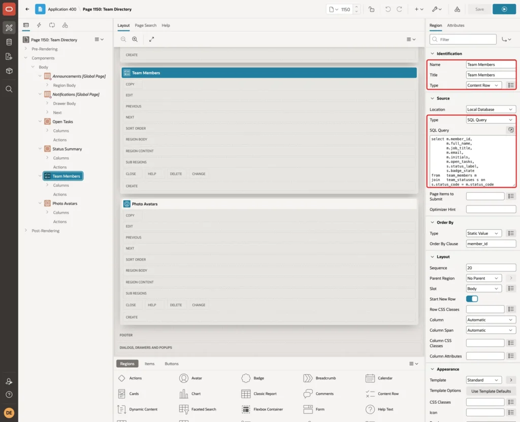 Page Designer with the Team Members region, Type Content Row, and the SQL query marked with red boxes