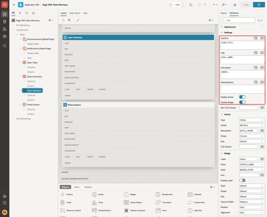 Settings group with Overline, Title, Description, Display Avatar and Display Badge marked with a red box