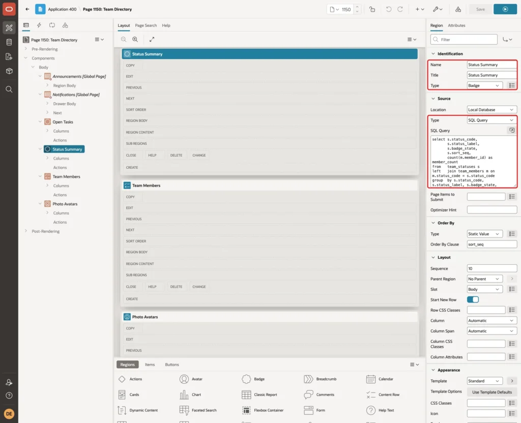 Page Designer with the Status Summary region, Type Badge, and the SQL query marked with red boxes
