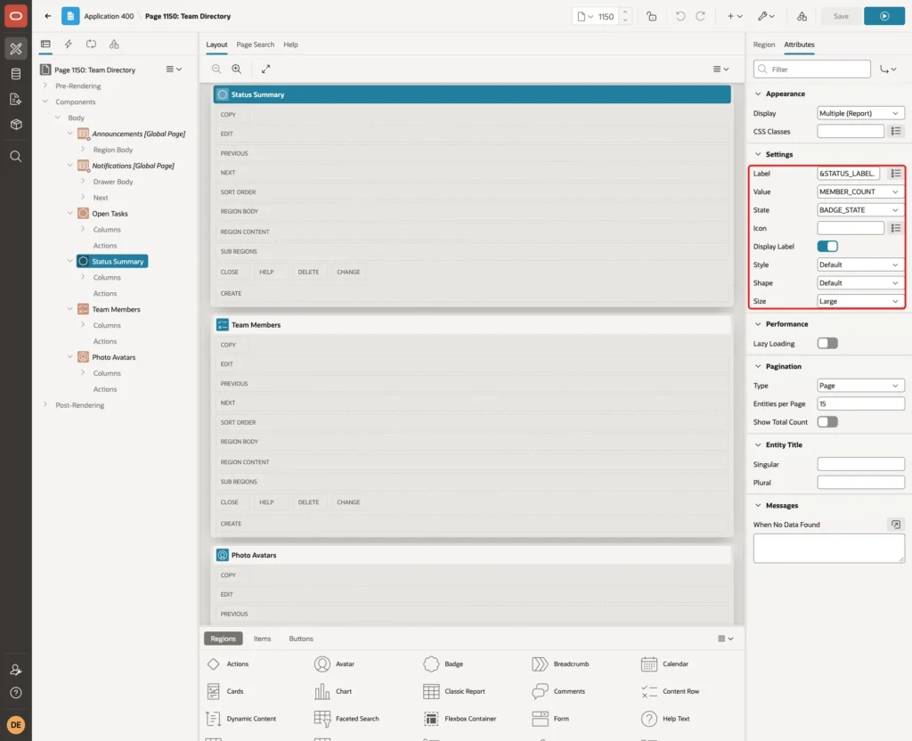 Settings group with Label, Value MEMBER_COUNT, State BADGE_STATE, Display Label on and Size Large marked with a red box