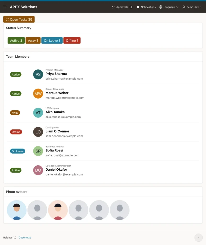 Team Directory page with the Open Tasks badge, the Status Summary, the Content Row and the Photo Avatars
