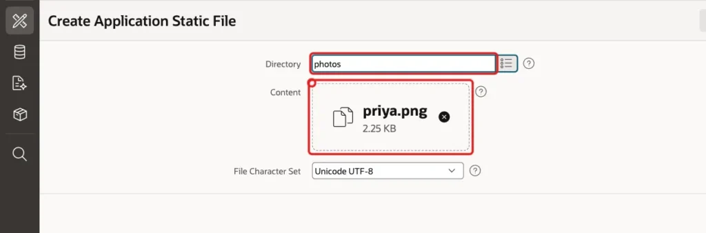 Create Application Static File page with the Directory photos and the dropped file priya.png marked with red boxes