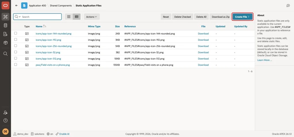 Static Application Files page with the Create File button marked with a red box
