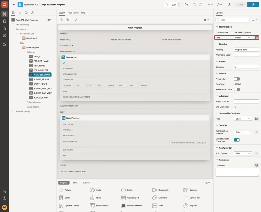 Column PROGRESS_BAND with Type Hidden marked with a red box