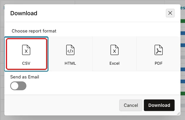 Download dialog with the CSV format marked with a red box