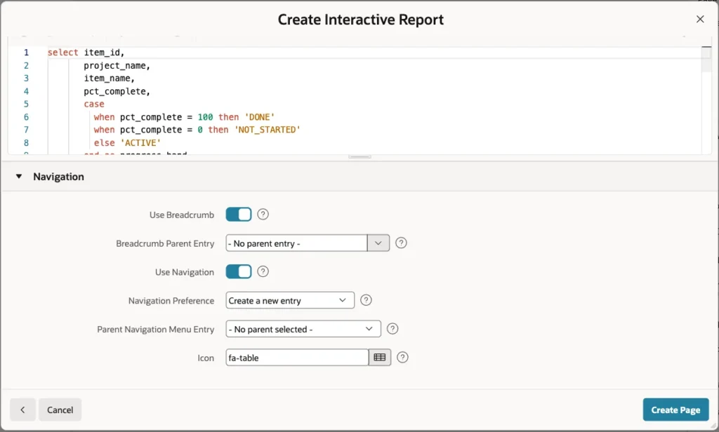 Navigation section with Use Breadcrumb and Use Navigation on and the Create Page button