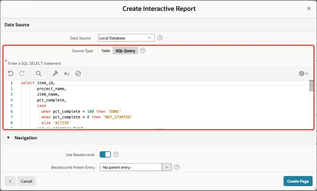 Data Source section with Source Type SQL Query and the report query in the editor marked with a red box