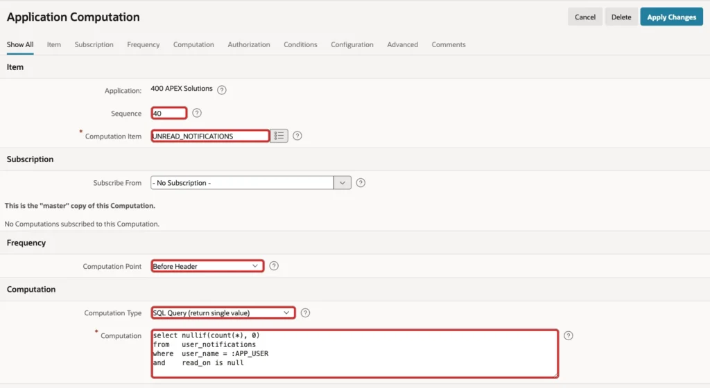 Application Computation with Sequence 40, Computation Item UNREAD_NOTIFICATIONS, Computation Point Before Header, Type SQL Query (return single value) and the query marked with red boxes
