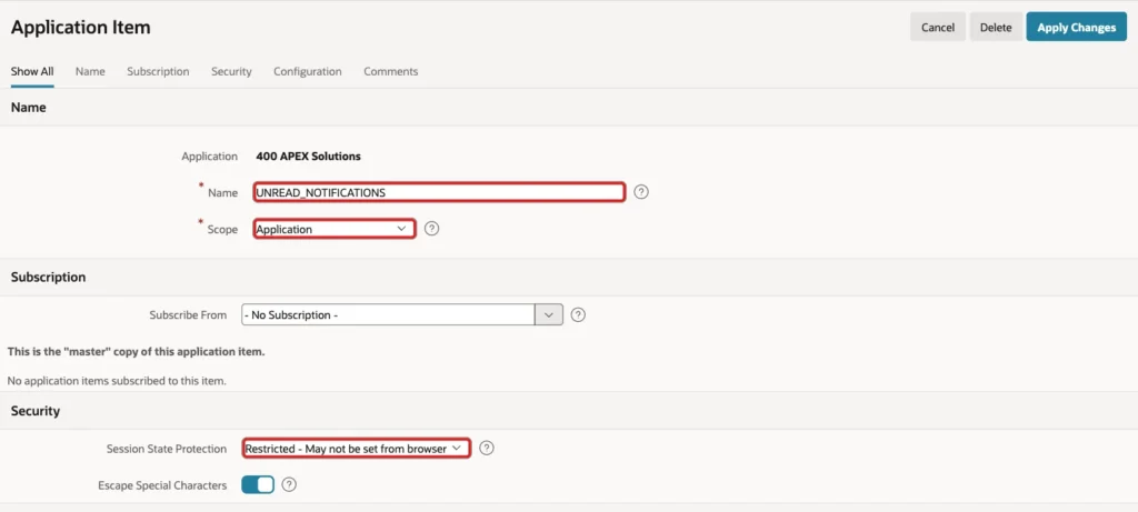Application Item UNREAD_NOTIFICATIONS with Scope Application and Session State Protection Restricted marked with red boxes