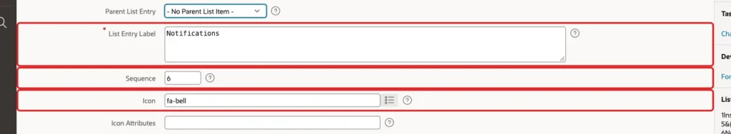 List Entry with List Entry Label Notifications, Sequence 6 and Icon fa-bell marked with red boxes