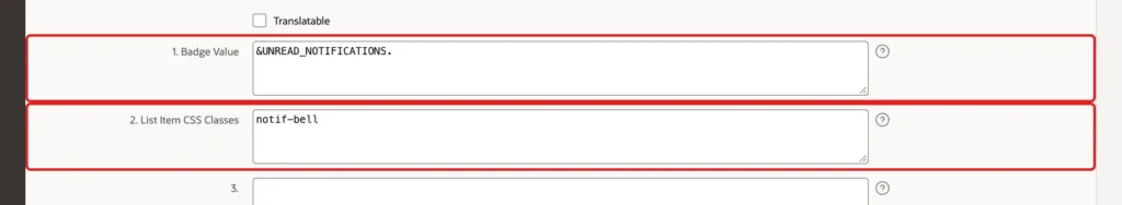 User Defined Attributes with Badge Value &UNREAD_NOTIFICATIONS. and List Item CSS Classes notif-bell marked with red boxes