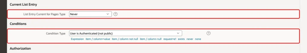 List Entry Current for Pages Type Never and Condition Type User is Authenticated (not public) marked with red boxes