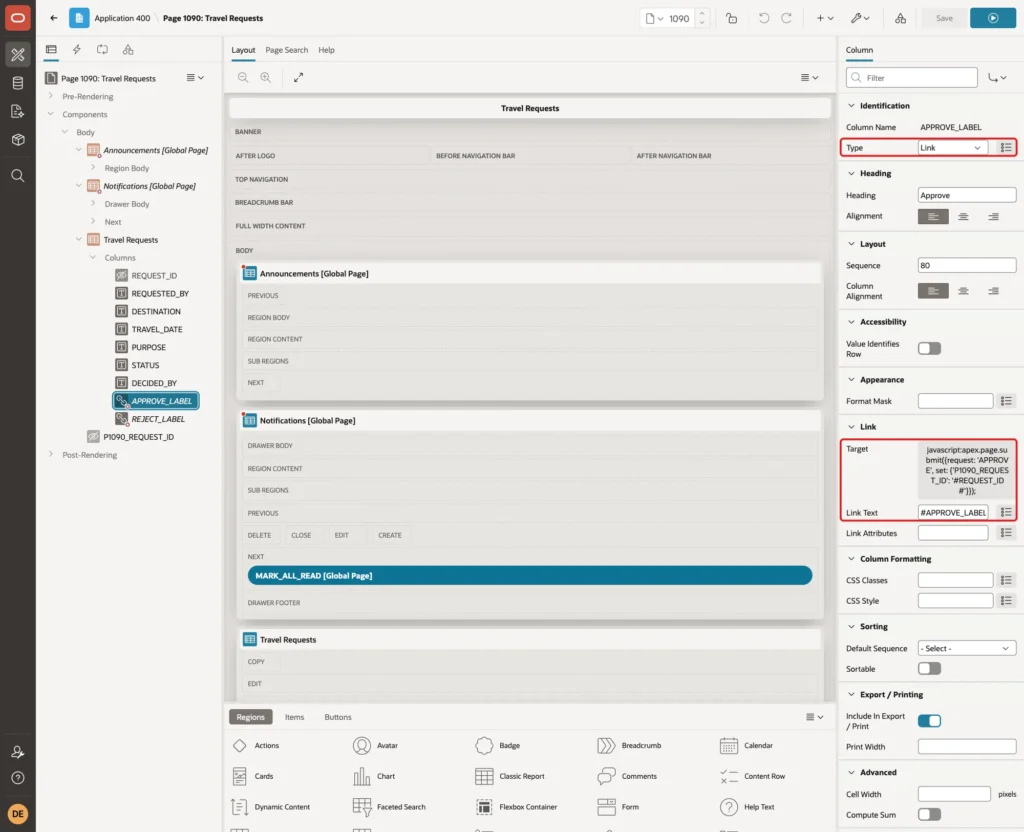 APPROVE_LABEL column with Type Link, the javascript Target and Link Text #APPROVE_LABEL# marked with red boxes