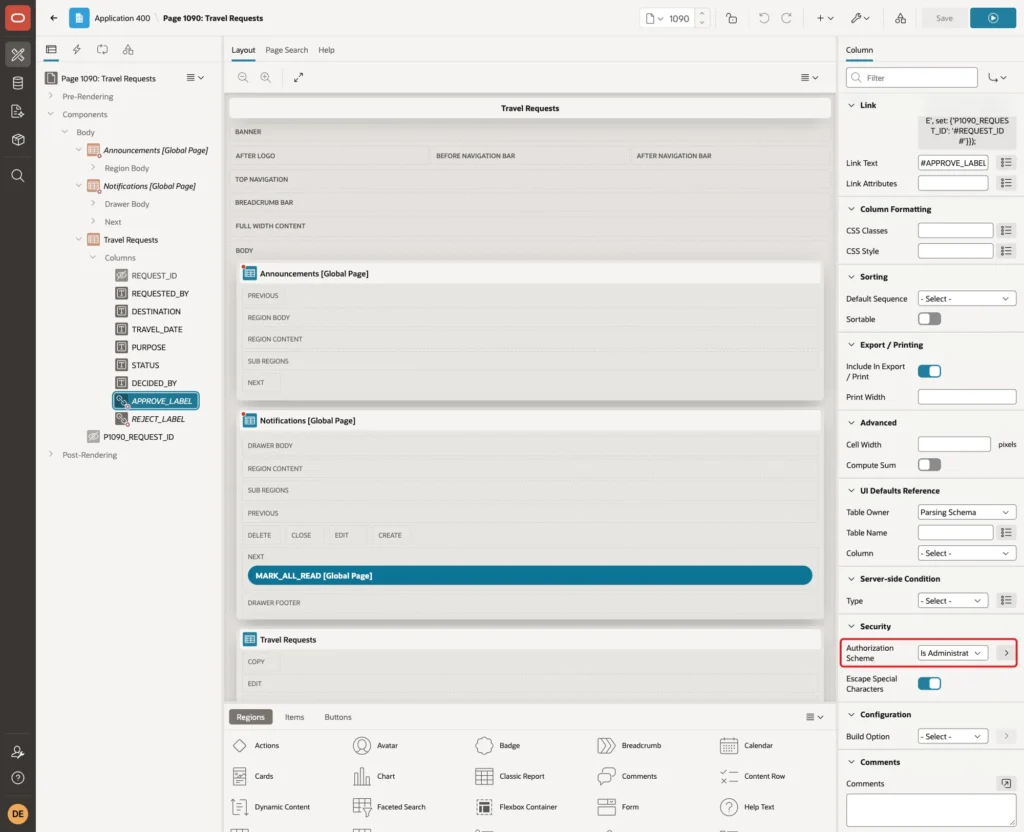 Security group of the APPROVE_LABEL column with Authorization Scheme Is Administrator marked with a red box