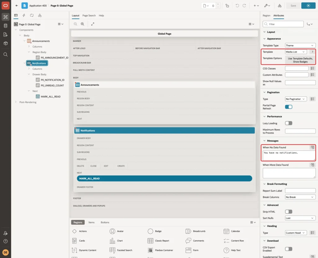 Region Attributes with Template Media List, Template Options Show Badges and When No Data Found marked with red boxes