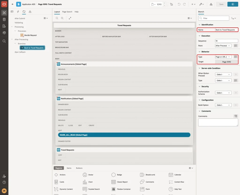 Branch with Name Back to Travel Requests, Behavior Type Page or URL (Redirect) and Target Page 1090 marked with red boxes