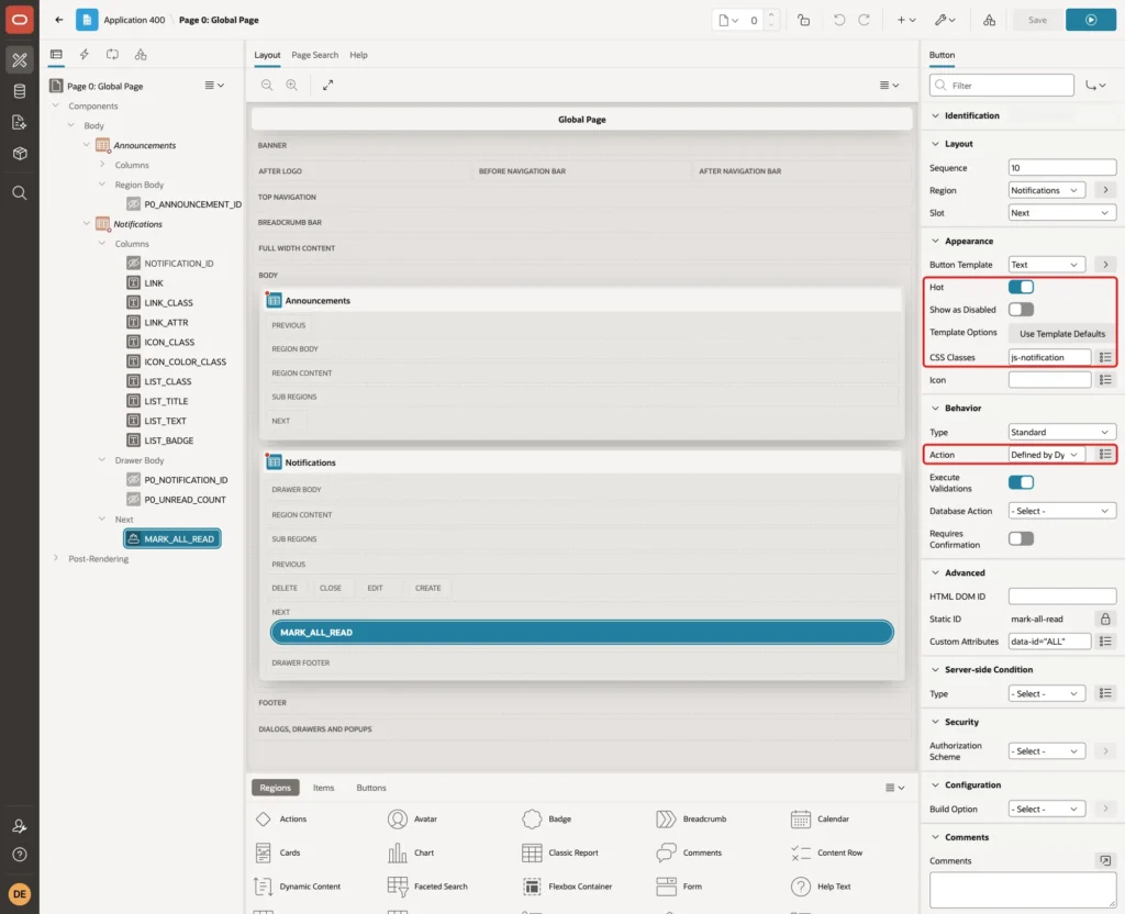 Appearance Hot on, CSS Classes js-notification and Behavior Action Defined by Dynamic Action marked with red boxes