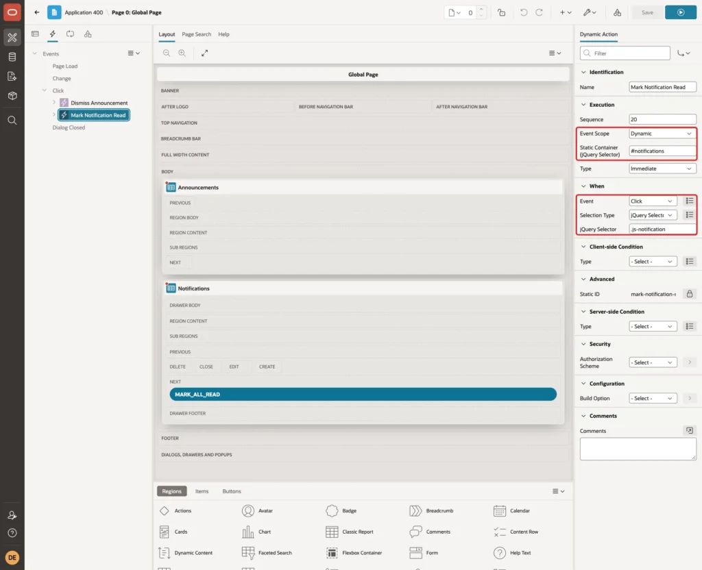 Dynamic action with Event Click, Selection Type jQuery Selector, jQuery Selector .js-notification, Event Scope Dynamic and Static Container #notifications marked with red boxes