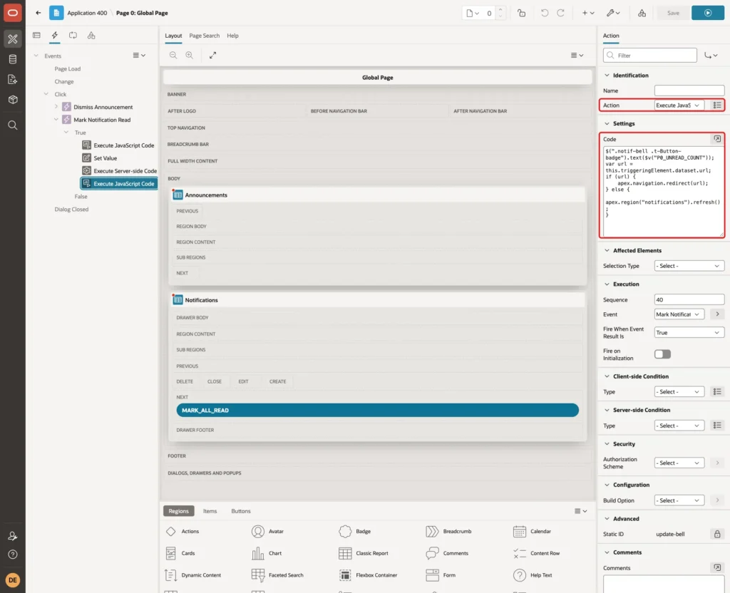 Execute JavaScript Code action with the code that updates the badge and redirects or refreshes marked with red boxes