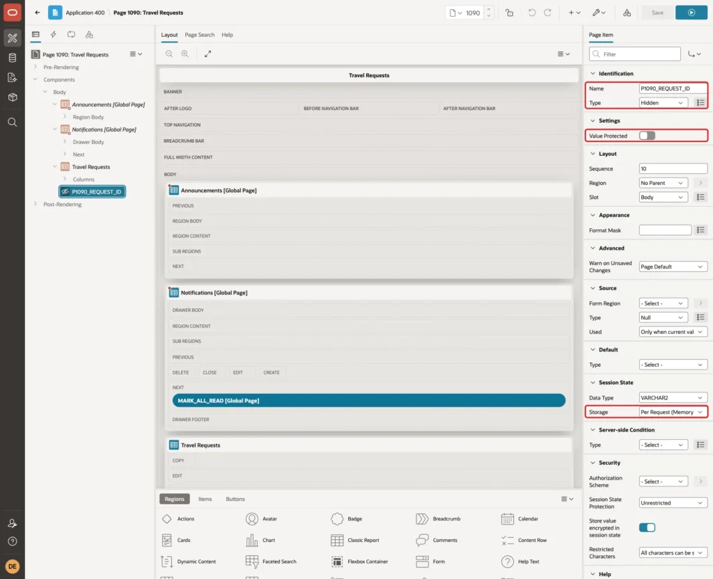 P1090_REQUEST_ID item with Type Hidden, Value Protected off and Storage Per Request (Memory Only) marked with red boxes