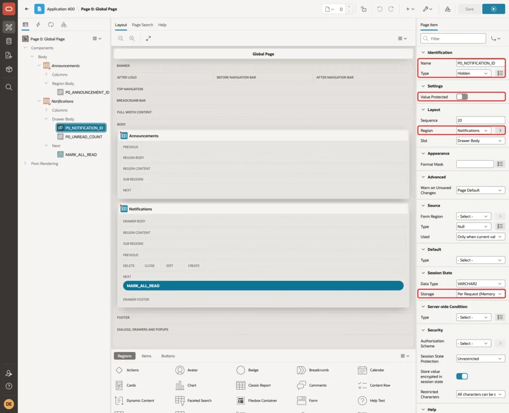 P0_NOTIFICATION_ID item with Type Hidden, Region Notifications, Value Protected off and Storage Per Request marked with red boxes