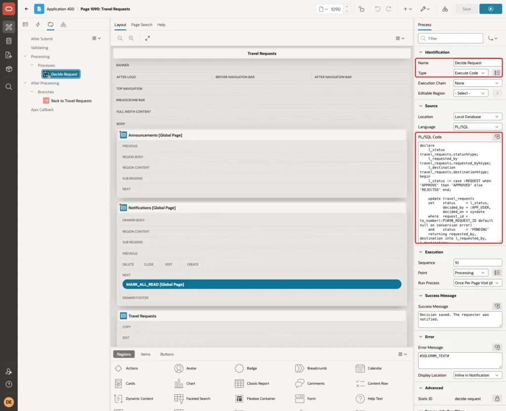 Decide Request process with Name, Type Execute Code and the PL/SQL Code marked with red boxes