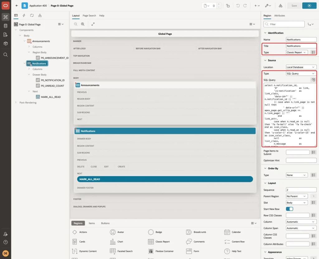 Global Page region with Title Notifications, Type Classic Report, Source Type SQL Query and the SQL Query marked with red boxes