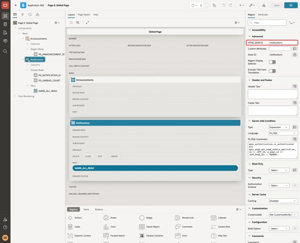 Advanced group with HTML DOM ID notifications marked with a red box