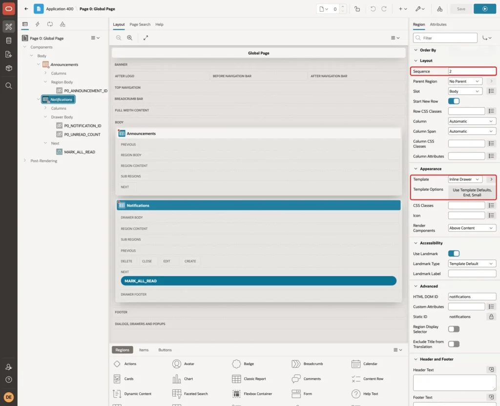 Layout Sequence 2, Appearance Template Inline Drawer and Template Options Use Template Defaults, End, Small marked with red boxes