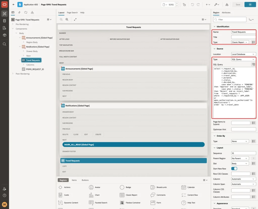 Travel Requests region with Name, Type Classic Report, Source Type SQL Query and the SQL Query marked with red boxes