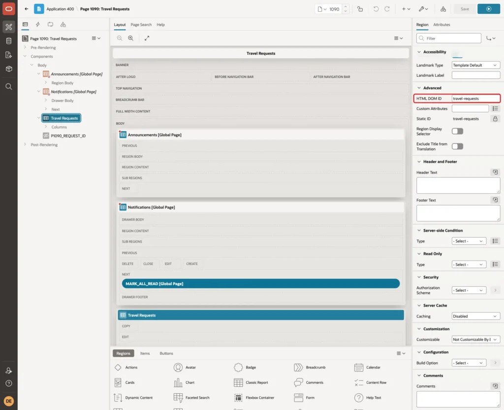 Advanced group of the region with HTML DOM ID travel-requests marked with a red box