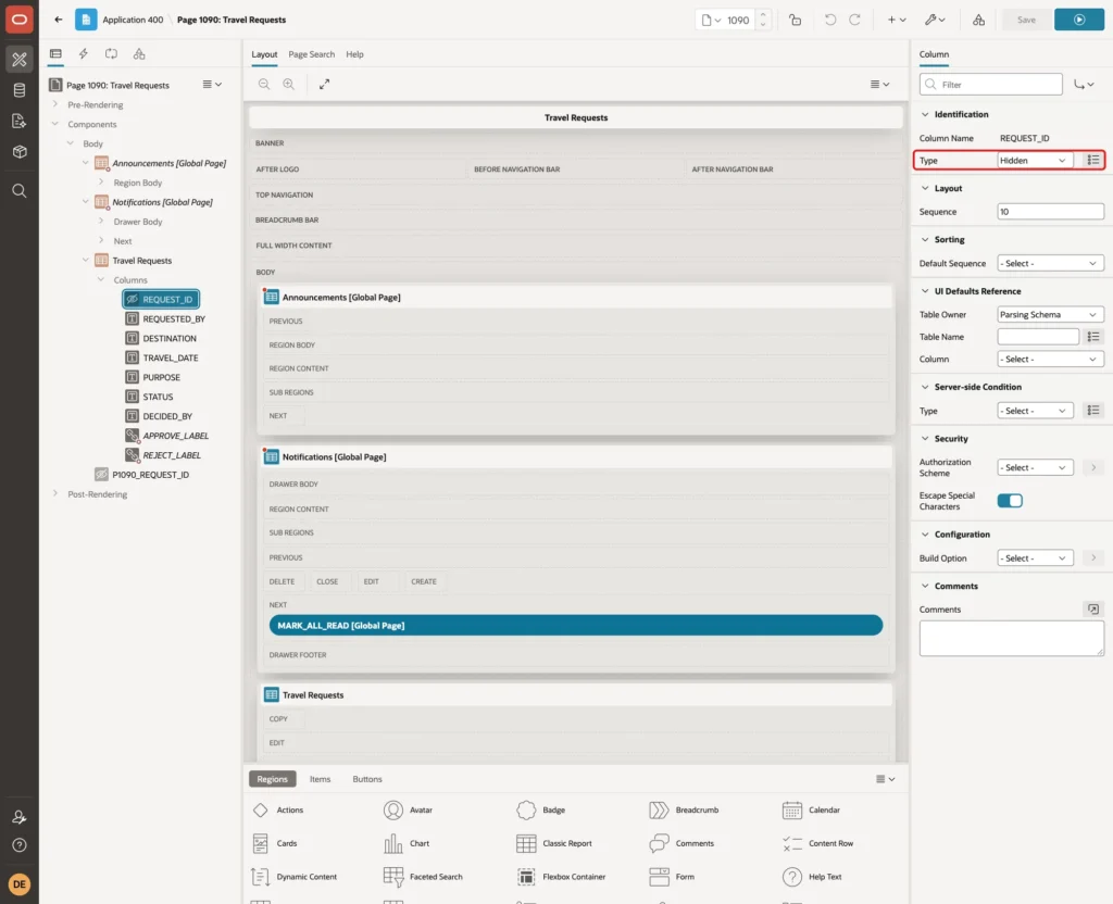REQUEST_ID column with Type Hidden marked with a red box