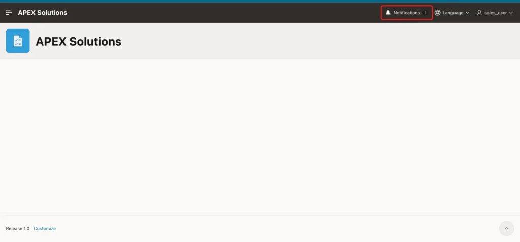 Home page as SALES_USER with the Notifications bell showing 1 marked with a red box
