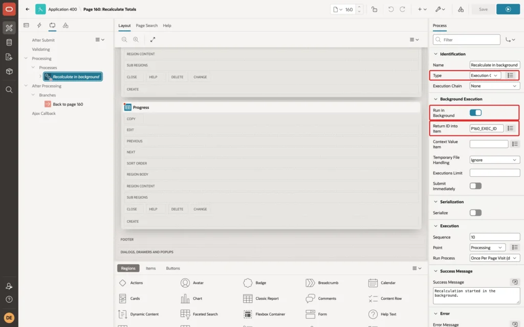 Page Designer showing the Recalculate in background process with Type Execution Chain, Run in Background on and Return ID into Item P160_EXEC_ID marked with red boxes