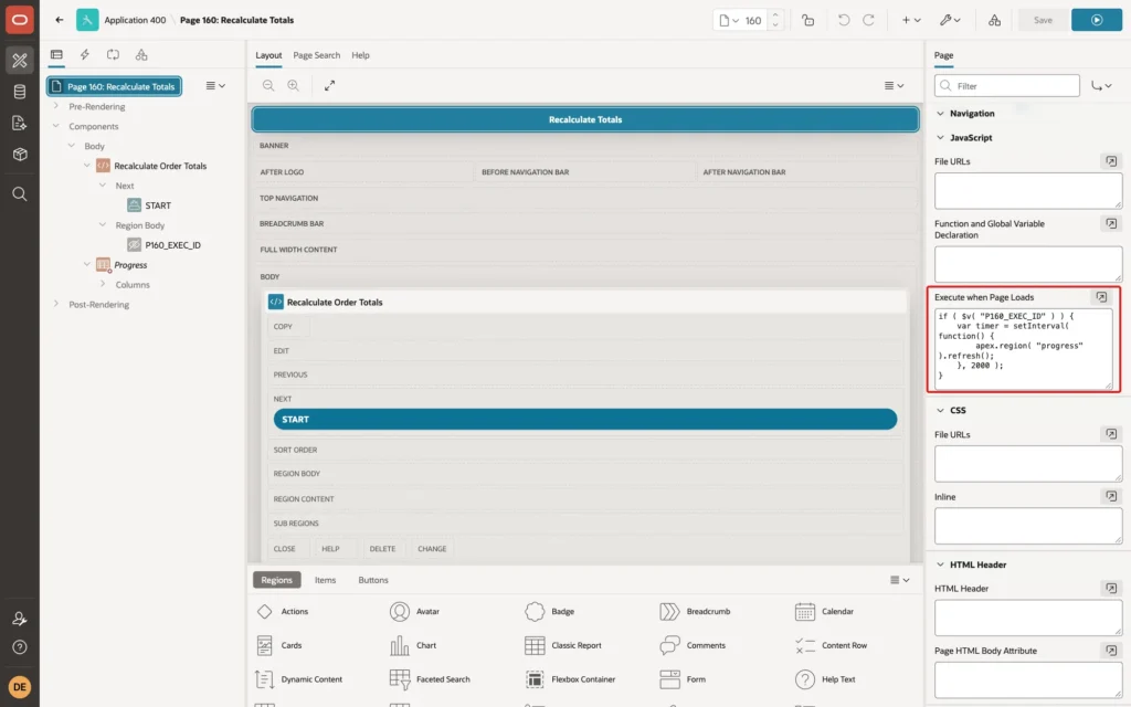 Page Designer showing the page JavaScript Execute when Page Loads with the setInterval refresh code marked with a red box