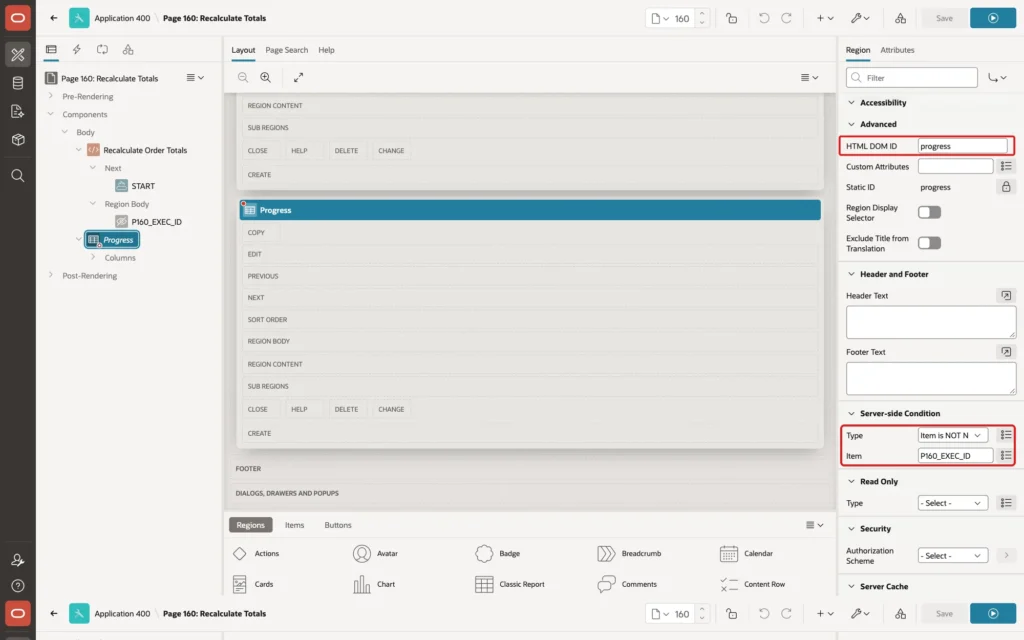 Page Designer showing the Progress region with HTML DOM ID progress and the server-side condition Item is NOT NULL P160_EXEC_ID marked with red boxes
