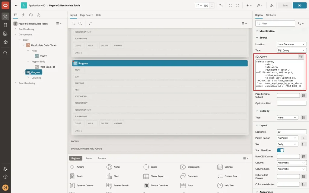Page Designer showing the Progress region with the SQL query on APEX_APPL_PAGE_BG_PROC_STATUS marked with a red box