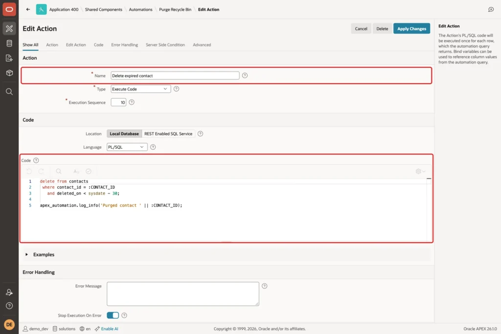 Edit Action page with Name Delete expired contact and the PL/SQL code marked with red boxes