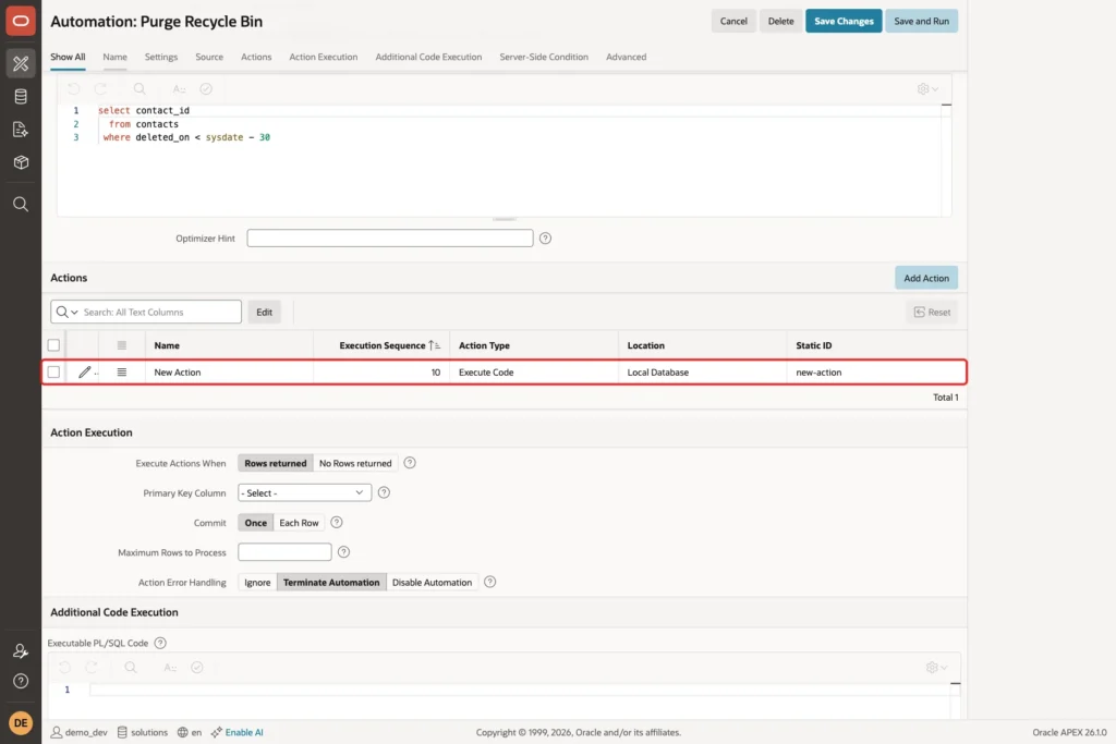 Actions section of the automation with the New Action row marked with a red box