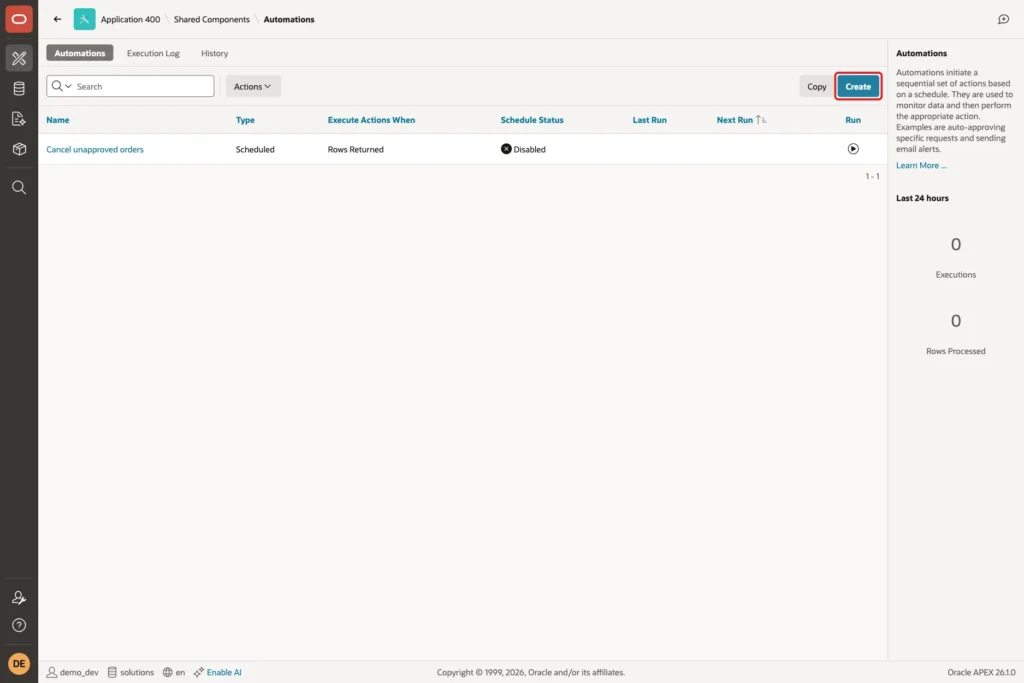 Automations page in Shared Components with the Create button marked with a red box