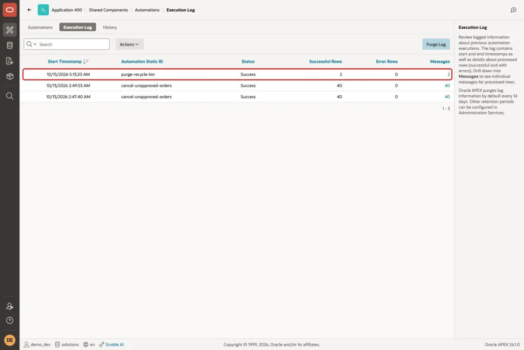 Automation Execution Log with purge-recycle-bin, Success, 2 successful rows and 0 error rows marked with a red box