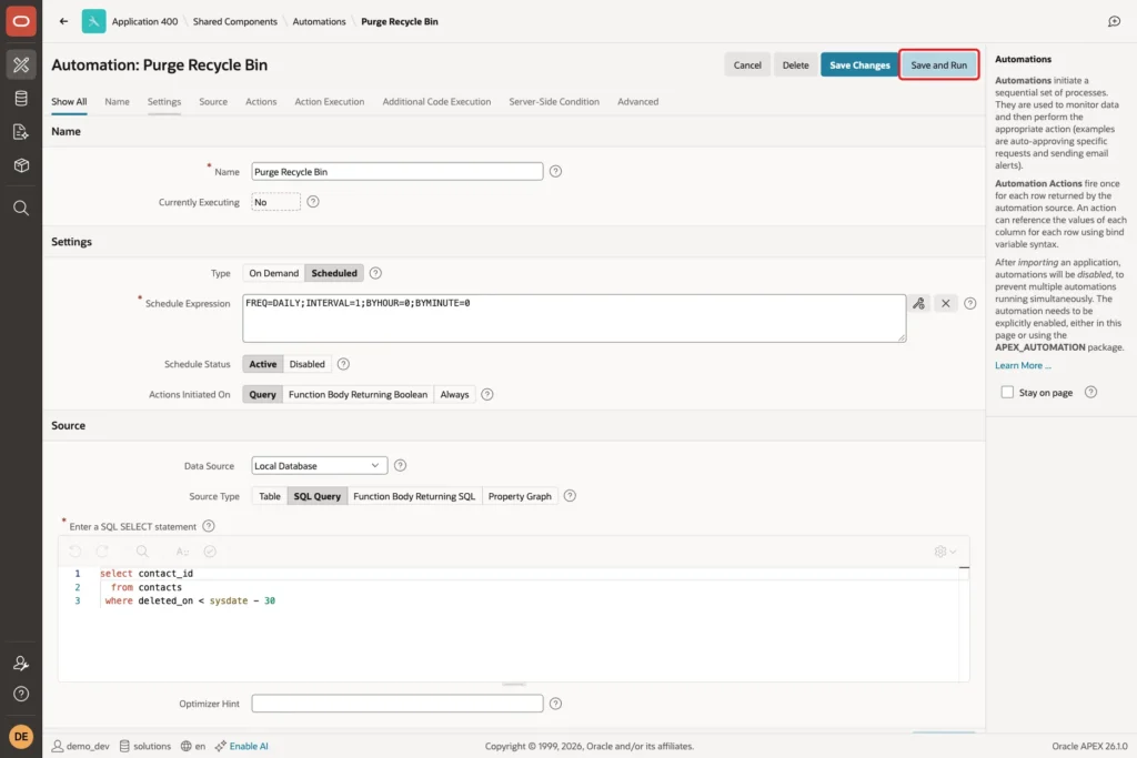 Automation page with the Save and Run button marked with a red box