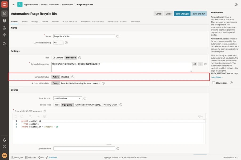 Settings section of the automation with Schedule Status Active marked with a red box