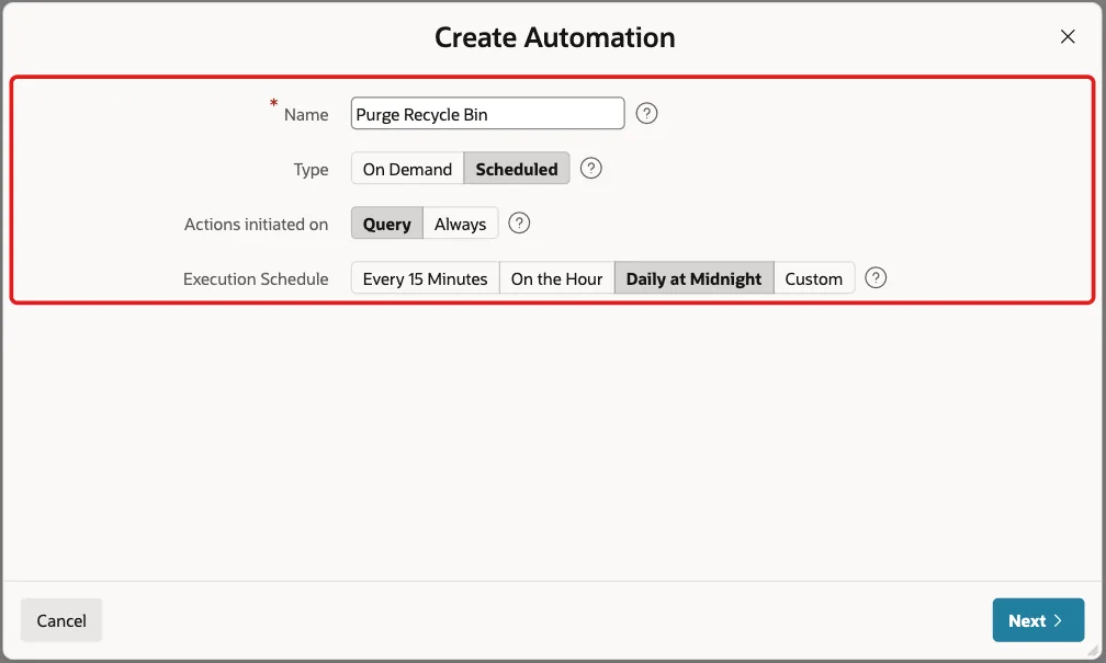Create Automation wizard with Name Purge Recycle Bin, Type Scheduled, Query and Daily at Midnight marked with a red box