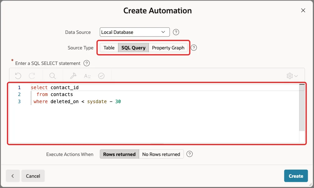 Second wizard screen with Source Type SQL Query and the query marked with red boxes