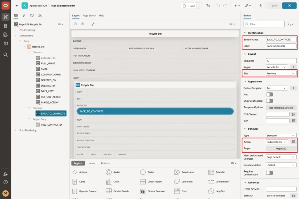 Page Designer with the BACK_TO_CONTACTS button, its label, slot, action and target marked with red boxes