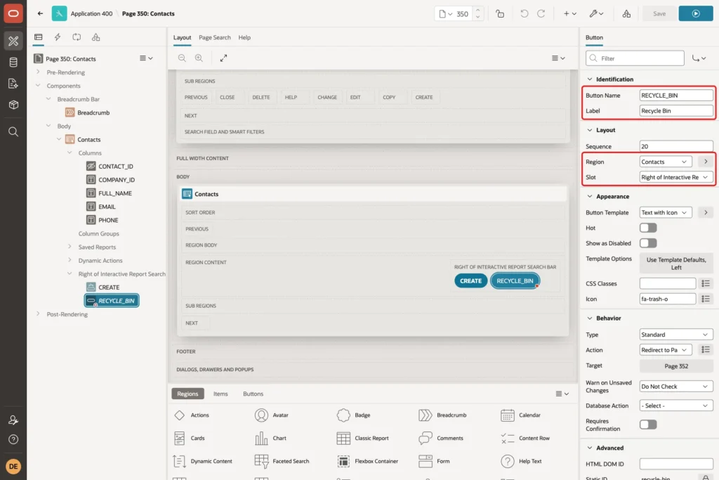 Page Designer with the RECYCLE_BIN button, its name, label, region and slot marked with red boxes