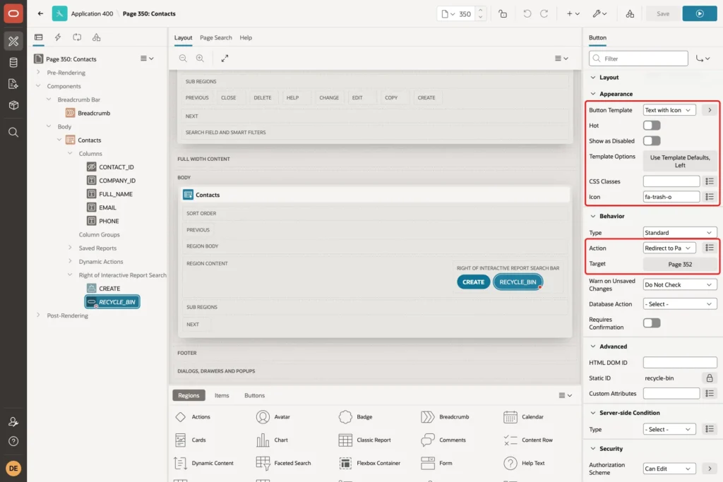 Appearance and Behavior groups of the button with Text with Icon, fa-trash-o, Redirect to Page and Page 352 marked with red boxes