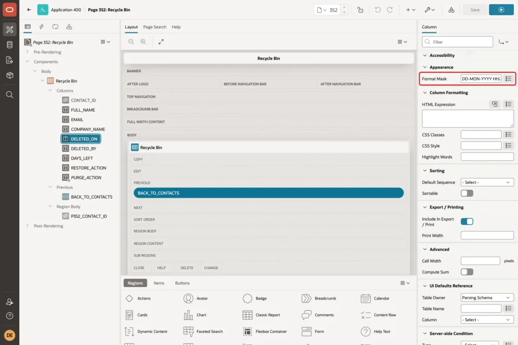Page Designer with the DELETED_ON column and Format Mask DD-MON-YYYY HH24:MI marked with a red box