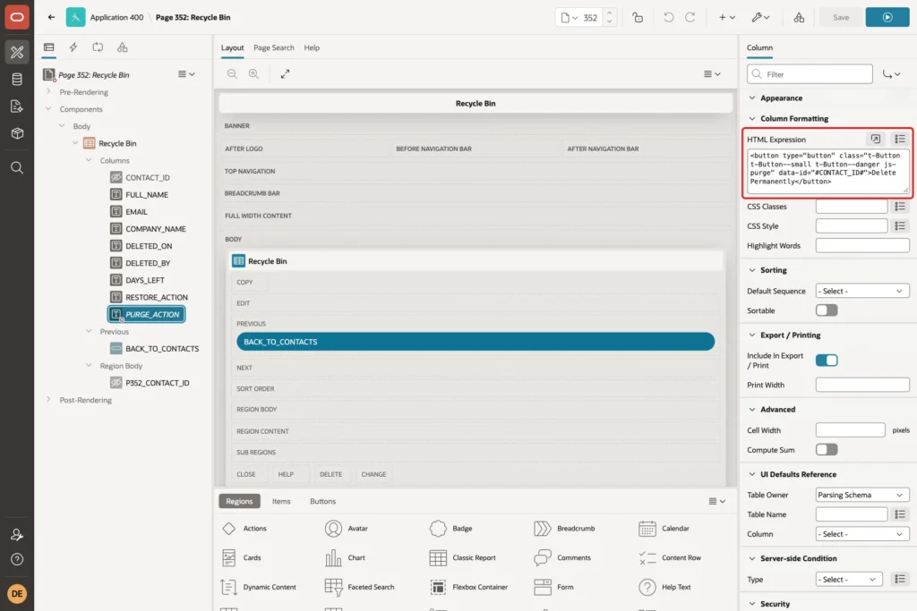 Page Designer with the PURGE_ACTION column and its HTML Expression marked with a red box